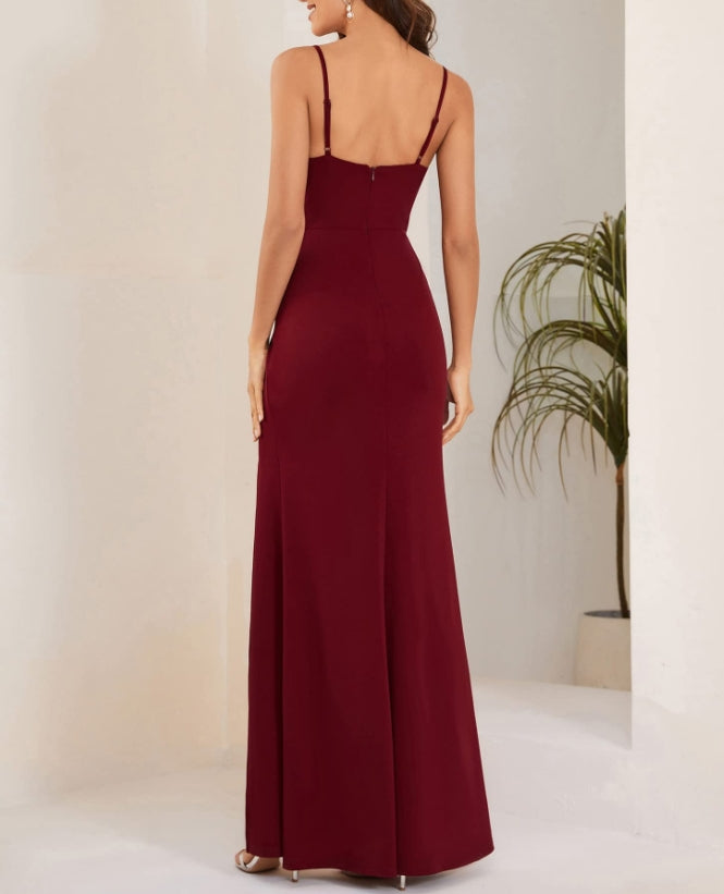 Burgundy Women's Spaghetti Strap Sleeveless Sequin Slit Bodycon Floor-Length Prom Dresses